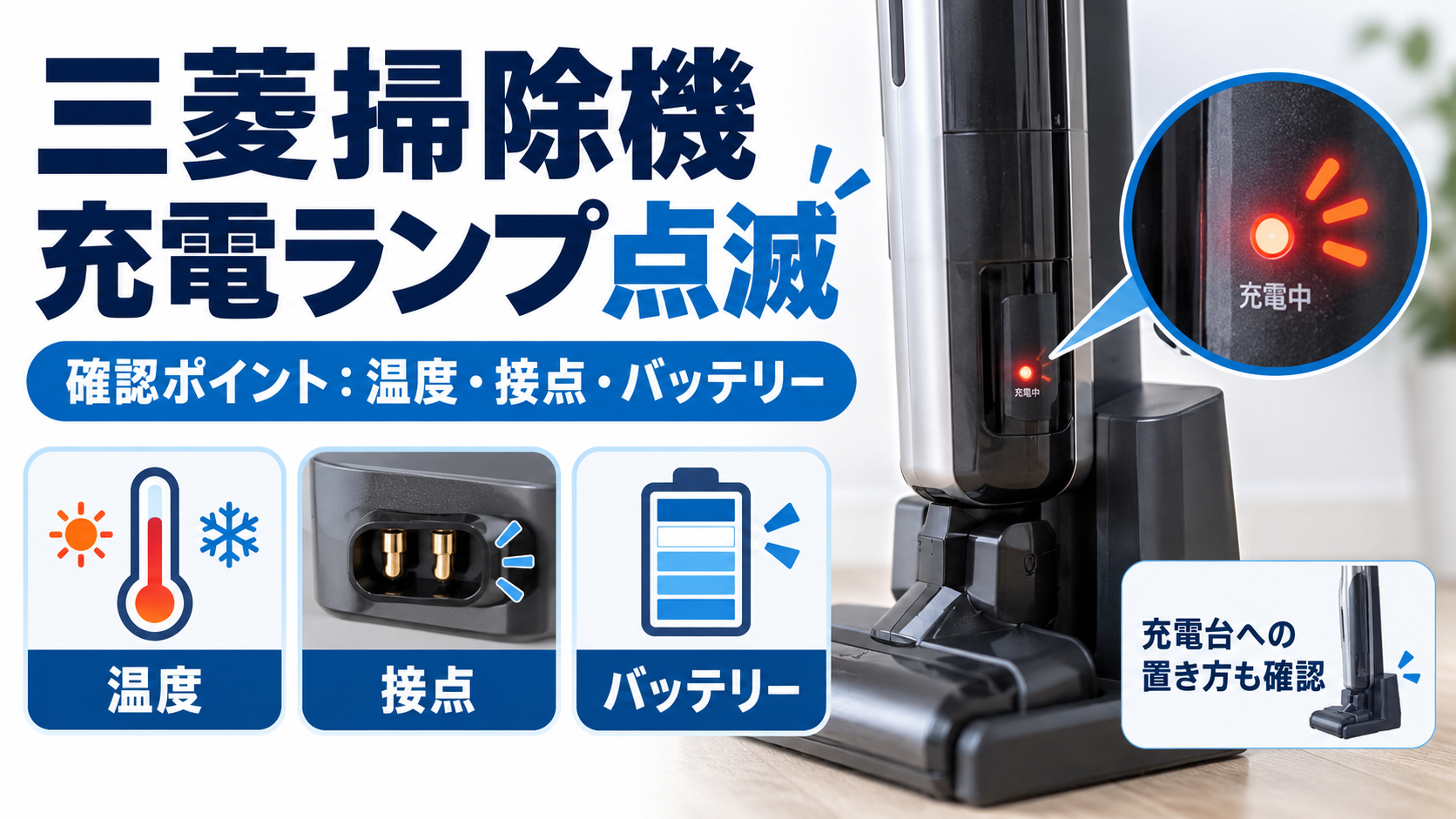 三菱掃除機の充電ランプが点滅するときに、周囲温度・充電端子の接点・バッテリー・充電台へのセット状態を確認するポイントを案内する図解