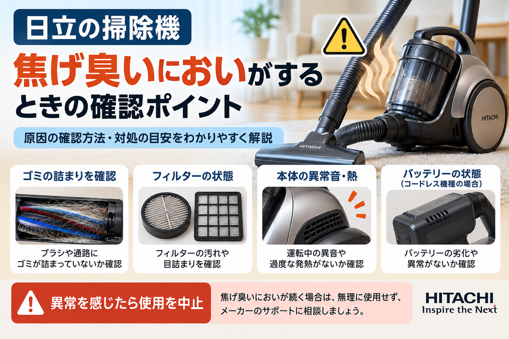 日立掃除機から焦げ臭いにおいがするときに、ブラシや通路のゴミ詰まり、フィルター、本体の異音・発熱、バッテリー状態を確認し、異常が続く場合は使用を中止してメーカーサポートへ相談する目安を案内する図解