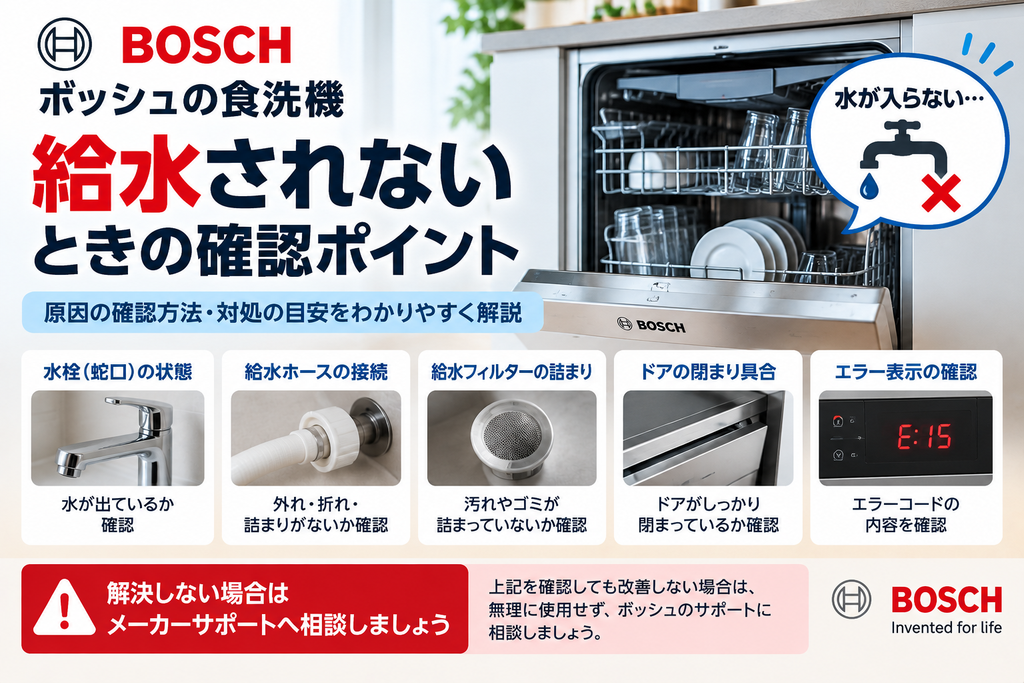 Bosch食洗機が給水されないときに、水栓、給水ホース、給水フィルター、ドアの閉まり具合、エラー表示を確認し、改善しない場合は使用を中止してメーカーサポートへ相談する目安を案内する図解