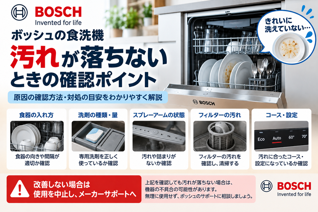 Bosch食洗機で汚れが落ちないときに、食器の入れ方、洗剤の種類や量、スプレーアーム、フィルター、洗浄コースや設定を確認し、改善しない場合は使用を中止してメーカーサポートへ相談する目安を案内する図解
