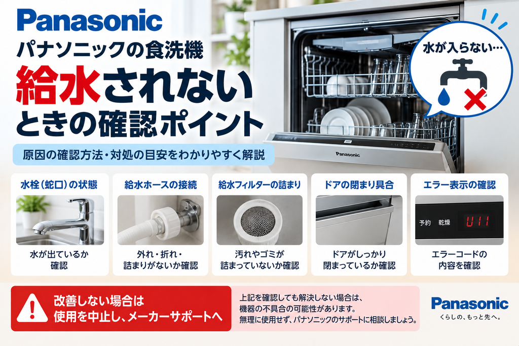 パナソニック食洗機が給水されないときに、水栓、給水ホース、給水フィルター、ドアの閉まり具合、エラー表示を確認し、改善しない場合は使用を中止してメーカーサポートへ相談する目安を案内する図解