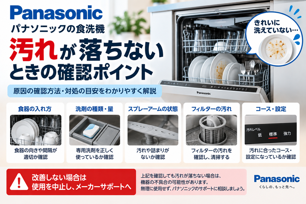 パナソニック食洗機で汚れが落ちないときに、食器の入れ方、洗剤の種類や量、スプレーアーム、フィルター、洗浄コースや設定を確認し、改善しない場合は使用を中止してメーカーサポートへ相談する目安を案内する図解