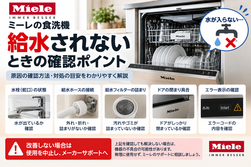 ミーレ食洗機が給水されないときに、水栓、給水ホース、給水フィルター、ドアの閉まり具合、エラー表示を確認し、改善しない場合は使用を中止してメーカーサポートへ相談する目安を案内する図解