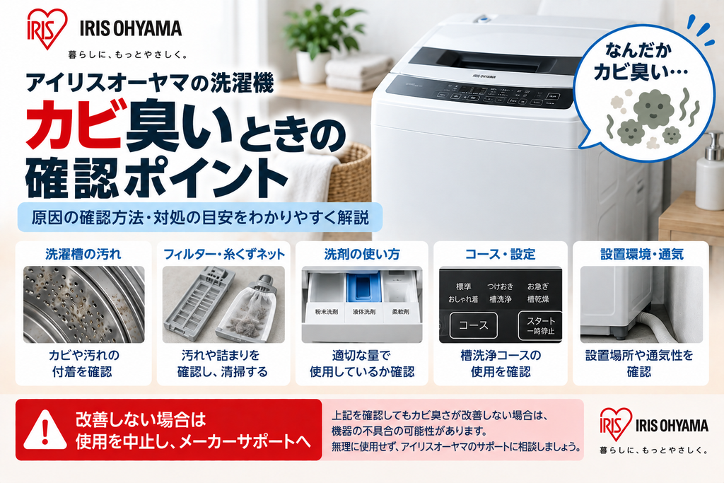 アイリスオーヤマ洗濯機がカビ臭いときに、洗濯槽の汚れ、フィルターや糸くずネット、洗剤の使い方、槽洗浄コース、設置環境や換気を確認し、改善しない場合はメーカーサポートへ相談する目安を案内する図解