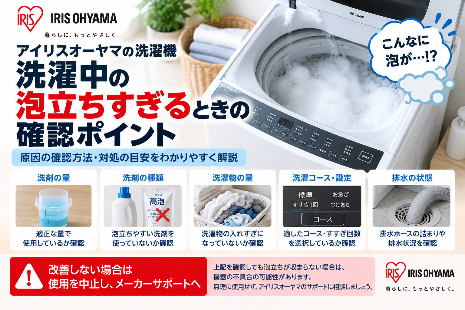 アイリスオーヤマ洗濯機で泡立ちが多いときに、洗剤の量や種類、洗濯物の量、洗濯コース・すすぎ設定、排水ホースや排水状態を確認し、改善しない場合は使用を中止してメーカーサポートへ相談する目安を案内する図解