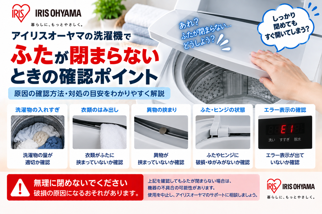 アイリスオーヤマ洗濯機のふた・ドアが閉まらないときに、洗濯物の入れすぎ、衣類や異物の挟まり、ふた・ヒンジの破損やゆがみ、エラー表示を確認し、改善しない場合は無理に閉めずメーカーサポートへ相談する目安を案内する図解