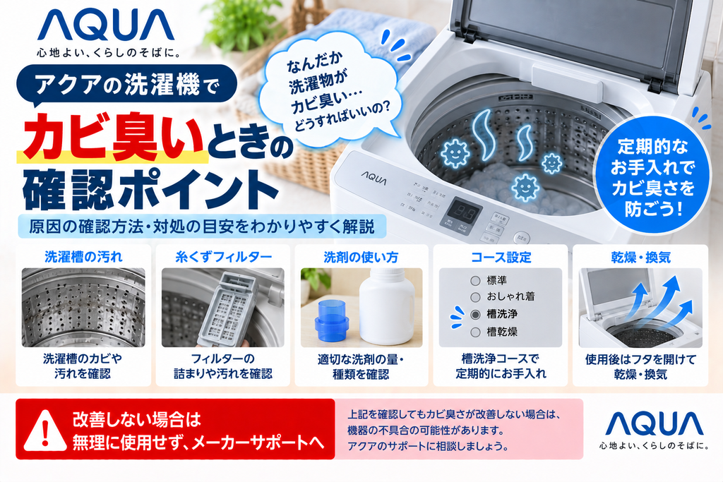 アクア洗濯機がカビ臭いときに、洗濯槽の汚れやカビ、糸くずフィルター、洗剤の量や種類、槽洗浄コース、使用後の乾燥・換気を確認し、改善しない場合はメーカーサポートへ相談する目安を案内する図解