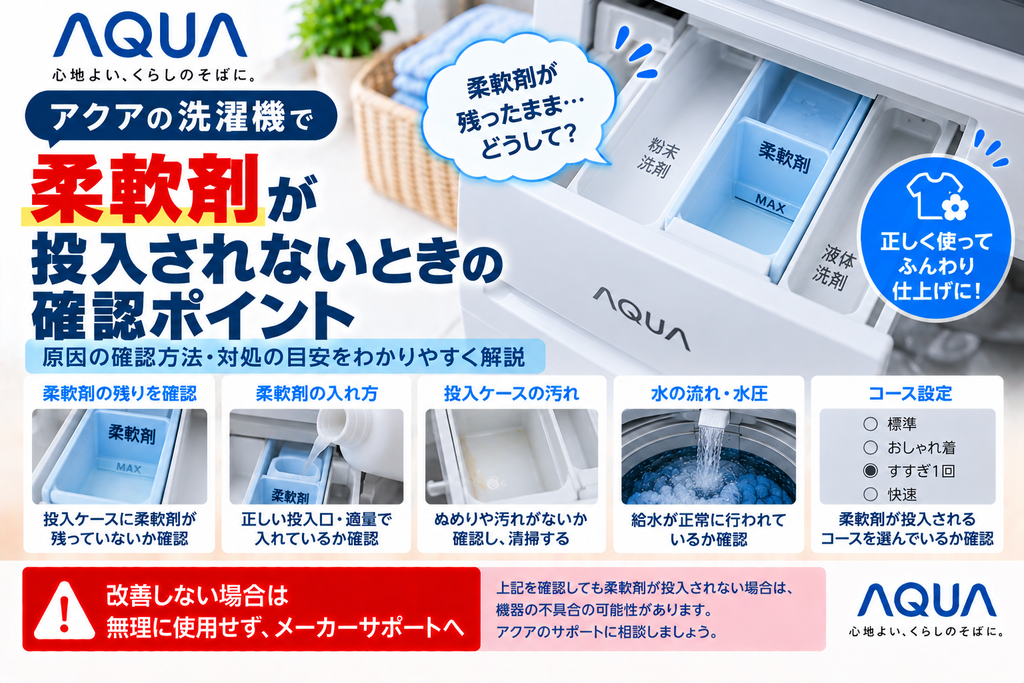アクア洗濯機で柔軟剤が流れない・投入口に残るときに、柔軟剤の残りや入れ方、投入ケースの汚れ、水の流れ・水圧、コース設定を確認し、改善しない場合はメーカーサポートへ相談する目安を案内する図解