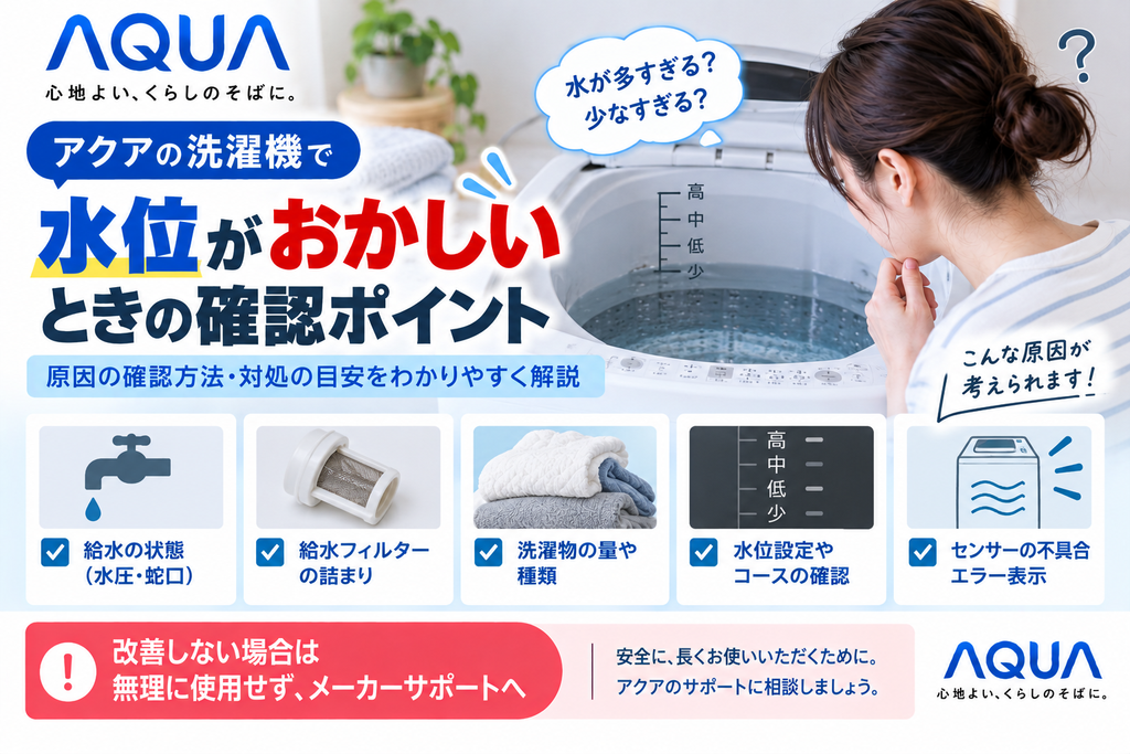 アクア洗濯機の水位がおかしい・水が少ないと感じるときに、給水状態や給水フィルター、洗濯物の量・種類、水位設定やコース、センサー異常やエラー表示を確認し、改善しない場合はメーカーサポートへ相談する目安を案内する図解