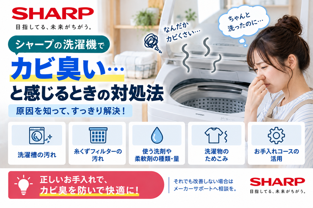 シャープ洗濯機がカビ臭いときに、洗濯槽の汚れ、糸くずフィルター、洗剤・柔軟剤の種類や量、洗濯物のためこみ、お手入れコースを確認し、改善しない場合はメーカーサポートへ相談する目安を案内する図解