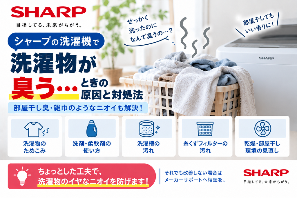 シャープ洗濯機で洗濯物や槽から嫌な臭いがするときに、洗濯物のためこみ、洗剤・柔軟剤の使い方、洗濯槽や糸くずフィルターの汚れ、乾燥・部屋干し環境を確認し、改善しない場合はメーカーサポートへ相談する目安を案内する図解