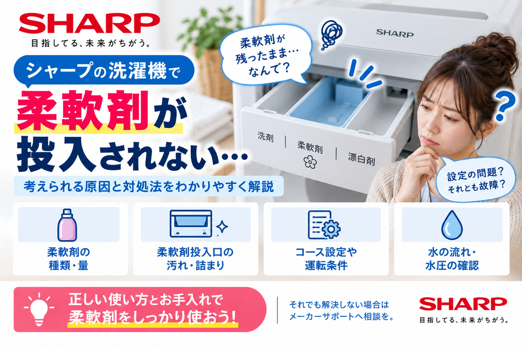シャープ洗濯機で柔軟剤が流れない・投入口に残るときに、柔軟剤の種類や量、投入口の汚れ・詰まり、コース設定や運転条件、水の流れ・水圧を確認し、改善しない場合はメーカーサポートへ相談する目安を案内する図解