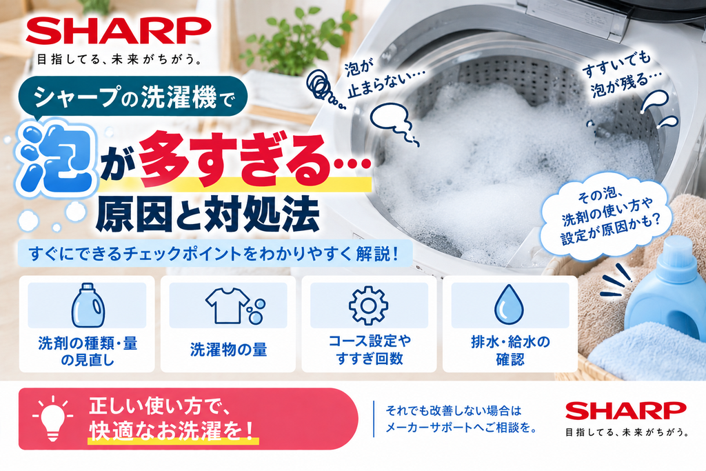 シャープ洗濯機で泡が多い・すすいでも泡が残るときに、洗剤の種類や量、洗濯物の量、コース設定やすすぎ回数、排水・給水状態を確認し、改善しない場合はメーカーサポートへ相談する目安を案内する図解