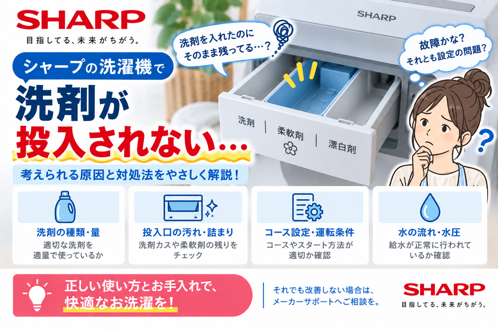 シャープ洗濯機で洗剤が流れない・投入口に残るときに、洗剤の種類や量、投入口の汚れ・詰まり、コース設定や運転条件、水の流れ・水圧を確認し、改善しない場合はメーカーサポートへ相談する目安を案内する図解
