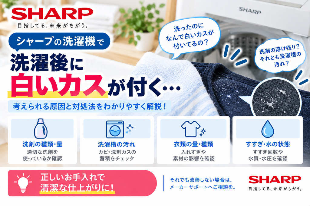 シャープ洗濯機で洗濯後の衣類に白い粉や洗剤残りが付くときに、洗剤の種類・量、洗濯槽の汚れ、衣類の量・種類、すすぎ回数や水の状態を確認し、改善しない場合はメーカーサポートへ相談する目安を案内する図解