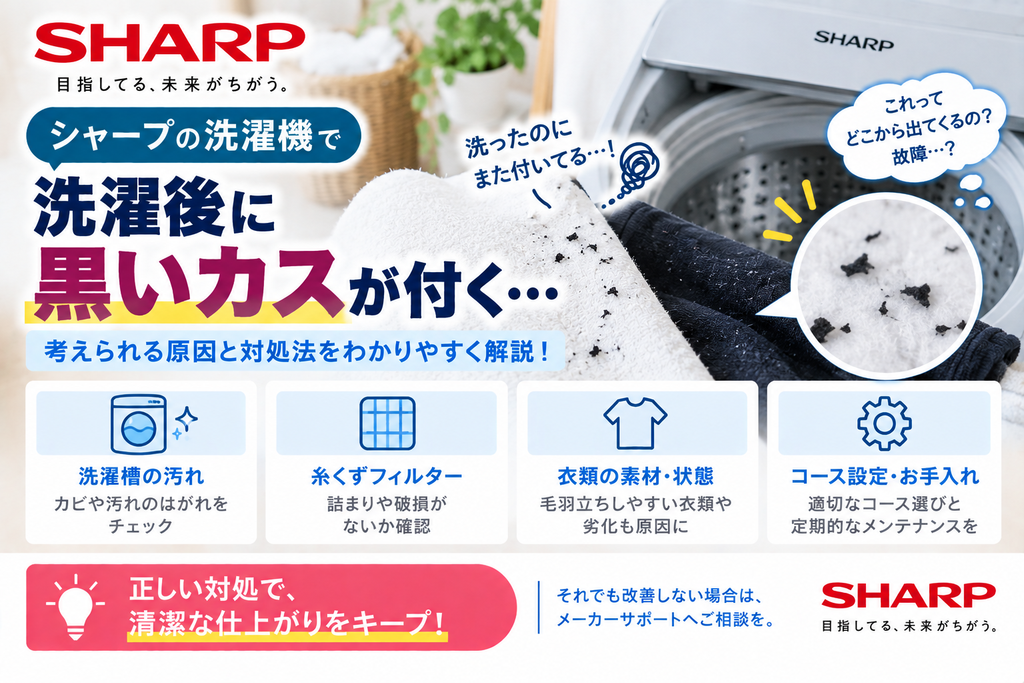 シャープ洗濯機で洗濯後の衣類に黒いカスが付くときに、洗濯槽の汚れやカビ、糸くずフィルターの詰まり・破損、衣類の素材や状態、コース設定や定期的なお手入れを確認し、改善しない場合はメーカーサポートへ相談する目安を案内する図解