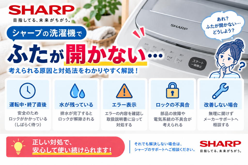 シャープ洗濯機のふた・ドアが開かないときに、運転中や終了直後の安全ロック、槽内の残水、エラー表示、ロック機構の不具合を確認し、改善しない場合は無理に開けずメーカーサポートへ相談する目安を案内する図解