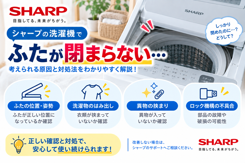 シャープ洗濯機のふた・ドアが閉まらないときに、ふたの位置や姿勢、洗濯物や異物の挟まり、ロック機構の不具合を確認し、改善しない場合はメーカーサポートへ相談する目安を案内する図解
