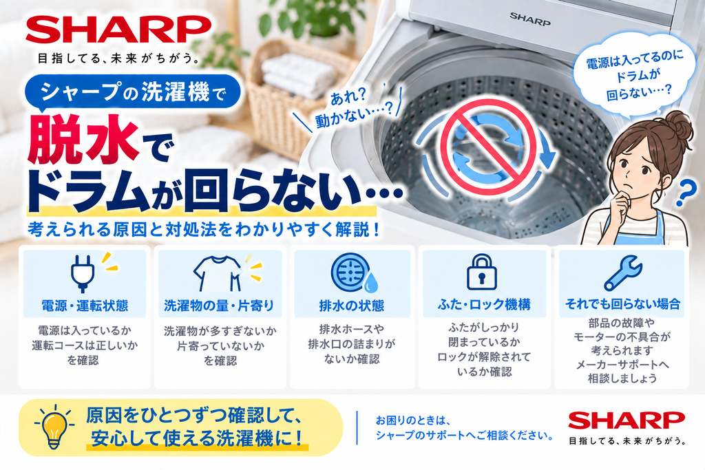 シャープ洗濯機で脱水時にドラムやパルセーターが回らないときに、電源・運転状態、洗濯物の量や片寄り、排水状態、ふた・ドアロック、モーターなど本体不具合の可能性を確認し、改善しない場合はメーカーサポートへ相談する目安を案内する図解