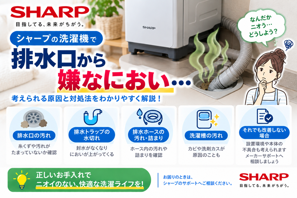 シャープ洗濯機の排水口から嫌な臭いがするときに、排水口の汚れ、排水トラップの水切れ、排水ホースの汚れ・詰まり、洗濯槽の汚れを確認し、改善しない場合はメーカーや設置業者へ相談する目安を案内する図解
