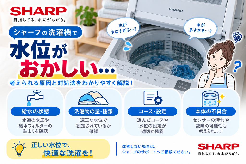 シャープ洗濯機で水位が少ない・多いなどおかしいと感じるときに、給水状態、洗濯物の量・種類、自動計量や水量設定、コース設定、本体センサーの不具合を確認し、改善しない場合はメーカーサポートへ相談する目安を案内する図解
