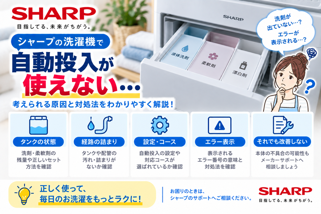 シャープ洗濯機で洗剤の自動投入が使えないときに、洗剤・柔軟剤タンクの残量や取り付け、投入経路の詰まり、自動投入設定・対応コース、エラー表示を確認し、改善しない場合はメーカーサポートへ相談する目安を案内する図解