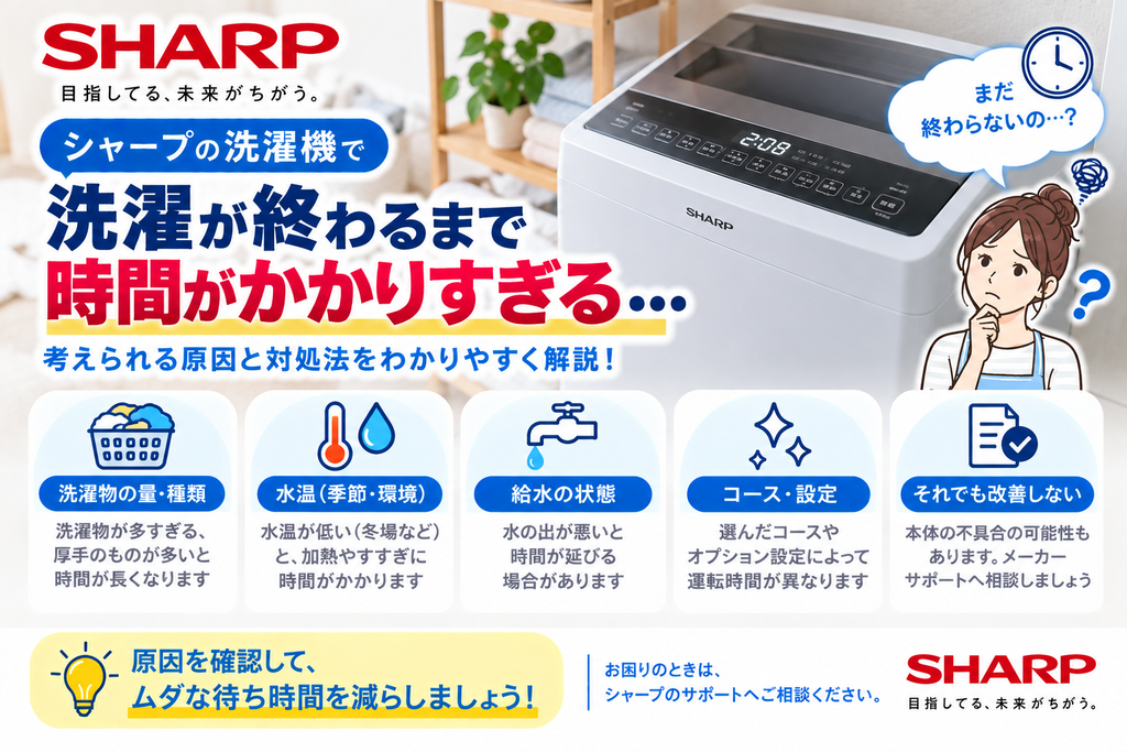 シャープ洗濯機の洗濯時間が長い・残り時間が減らないときに、洗濯物の量や種類、水温、給水状態、コース設定を確認し、改善しない場合はメーカーサポートへ相談する目安を案内する図解