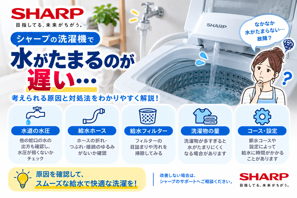 シャープ洗濯機で水がたまるのが遅いときに、水道の水圧、給水ホースの折れ・つぶれ、給水フィルターの詰まり、洗濯物の量やコース設定を確認し、改善しない場合はメーカーサポートへ相談する目安を案内する図解
