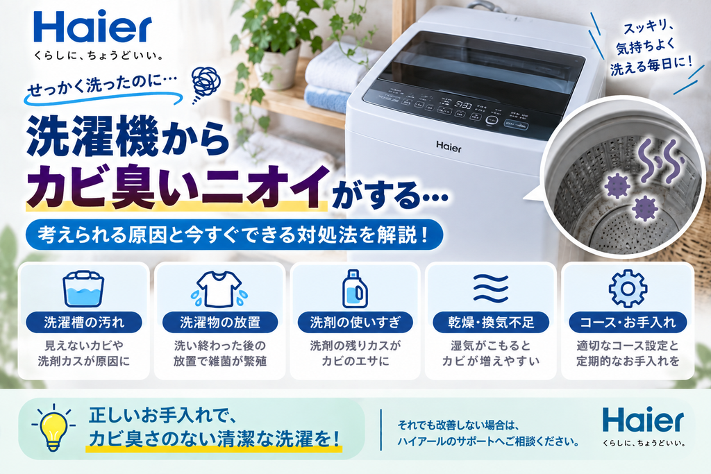 ハイアール洗濯機からカビ臭いにおいがするときに、洗濯槽の汚れ、洗濯物の放置、洗剤の使いすぎ、乾燥・換気不足、槽洗浄や定期的なお手入れを確認し、改善しない場合はメーカーサポートへ相談する目安を案内する図解