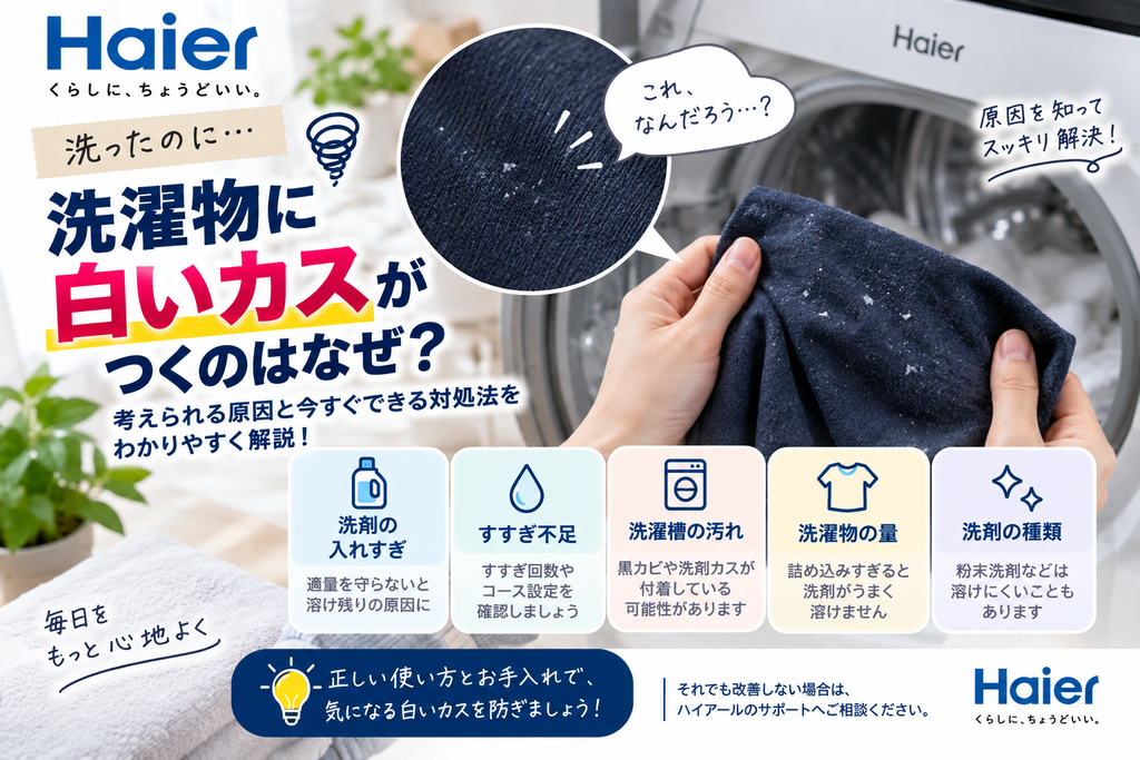 ハイアール洗濯機で洗濯物に白い粉・洗剤残りが付くときに、洗剤の入れすぎ、すすぎ不足、洗濯槽の汚れ、洗濯物の詰め込み、粉末洗剤など溶けにくい洗剤の使用を確認し、改善しない場合はメーカーサポートへ相談する目安を案内する図解
