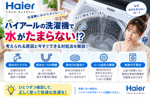 ハイアール洗濯機に水がたまらないときに、給水状態、排水ホースの取り付け、排水口の詰まり、コース・排水設定、本体不具合の可能性を確認し、改善しない場合はメーカーサポートへ相談する目安を案内する図解