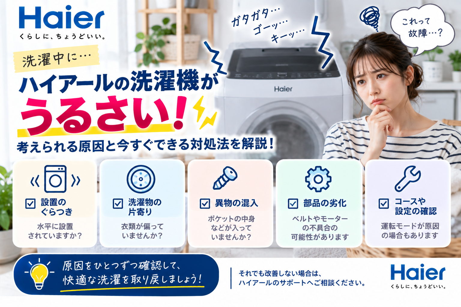 ハイアール洗濯機がうるさい・異音がするときに、設置のぐらつき、洗濯物の片寄り、異物混入、部品の劣化、コース・設定を確認し、改善しない場合はメーカーサポートへ相談する目安を案内する図解
