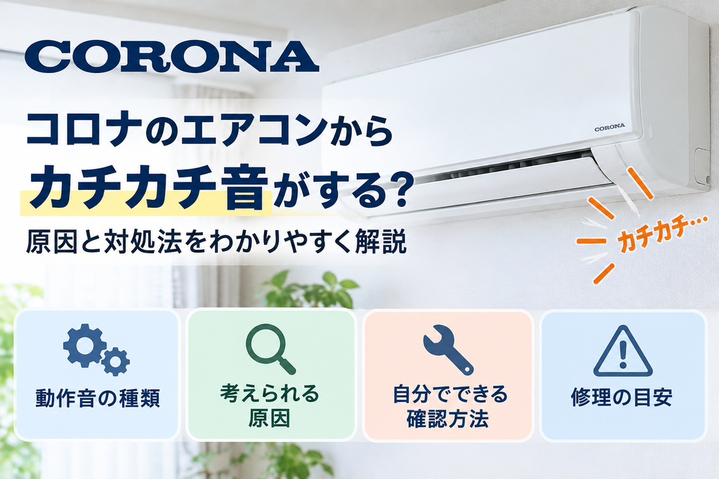 コロナエアコンからカチカチ音がするときに、動作音の種類、考えられる原因、自分で確認できるポイント、修理を相談する目安を案内する図解