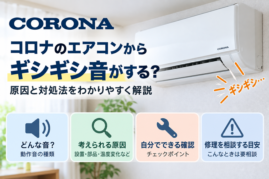 コロナエアコンからギシギシ音がするときに、動作音の種類、考えられる原因、自分で確認できるポイント、修理を相談する目安を案内する図解