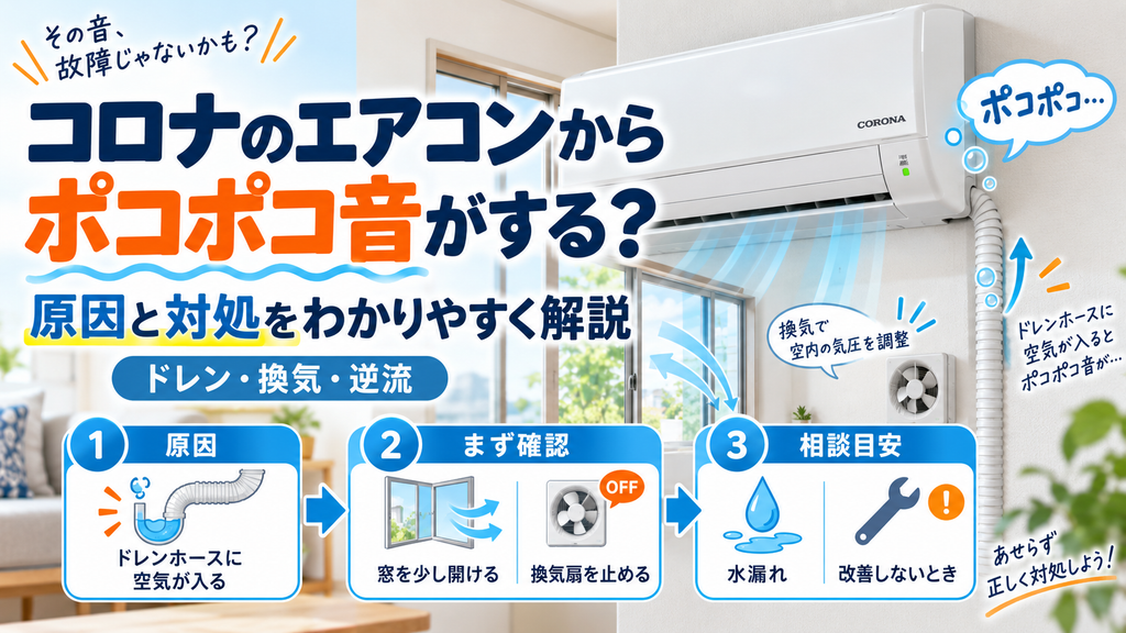 コロナエアコンからポコポコ音がするときに、ドレンホースへの空気の逆流や換気による気圧差を確認し、窓を開ける・換気扇を止める対処と、水漏れ時の修理相談目安を案内する図解