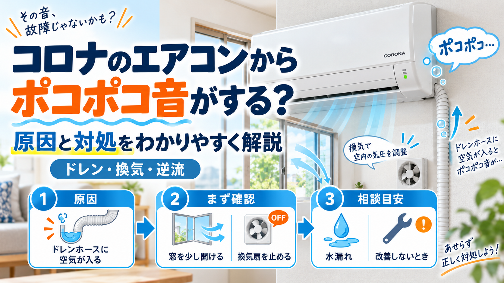 コロナエアコンからポコポコ音がするときに、ドレンホースへの空気の逆流や換気による気圧差を確認し、窓を開ける・換気扇を止める対処と、水漏れ時の修理相談目安を案内する図解