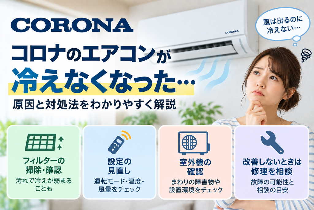 コロナエアコンが冷えなくなったときに、フィルター、運転設定、室外機の周辺環境を確認し、改善しない場合は修理を相談する目安を案内する図解