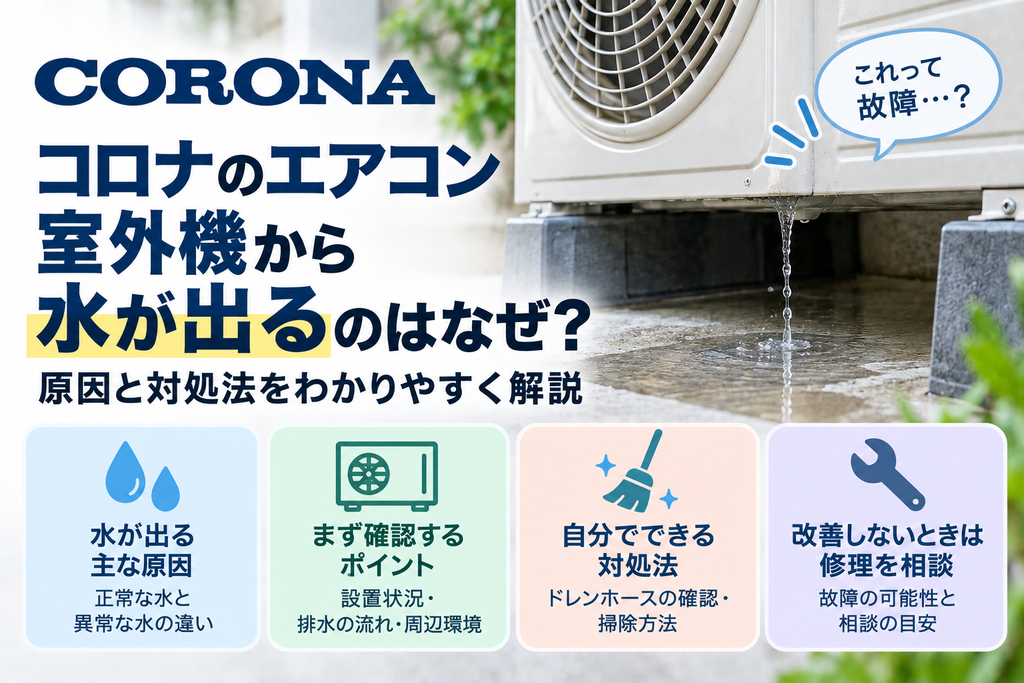 コロナエアコンの室外機から水が出るときに、正常な排水との違い、設置状況やドレンの確認ポイント、自分でできる対処、改善しない場合の修理相談目安を案内する図解