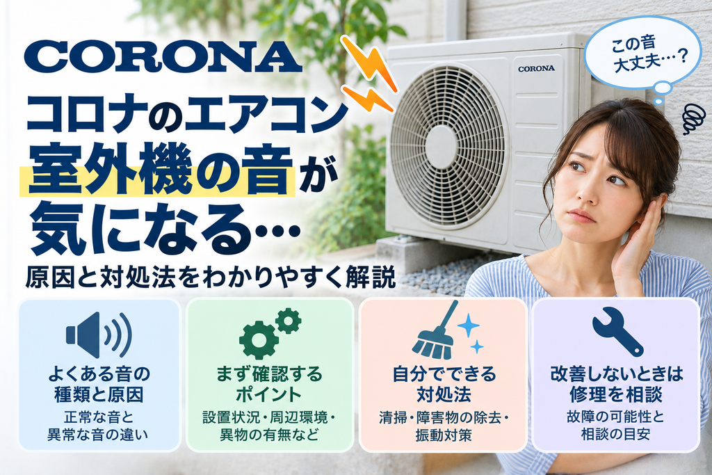 コロナエアコンの室外機の音が気になるときに、正常音と異常音の違い、設置状況や周辺環境の確認、自分でできる清掃・振動対策、改善しない場合の修理相談目安を案内する図解