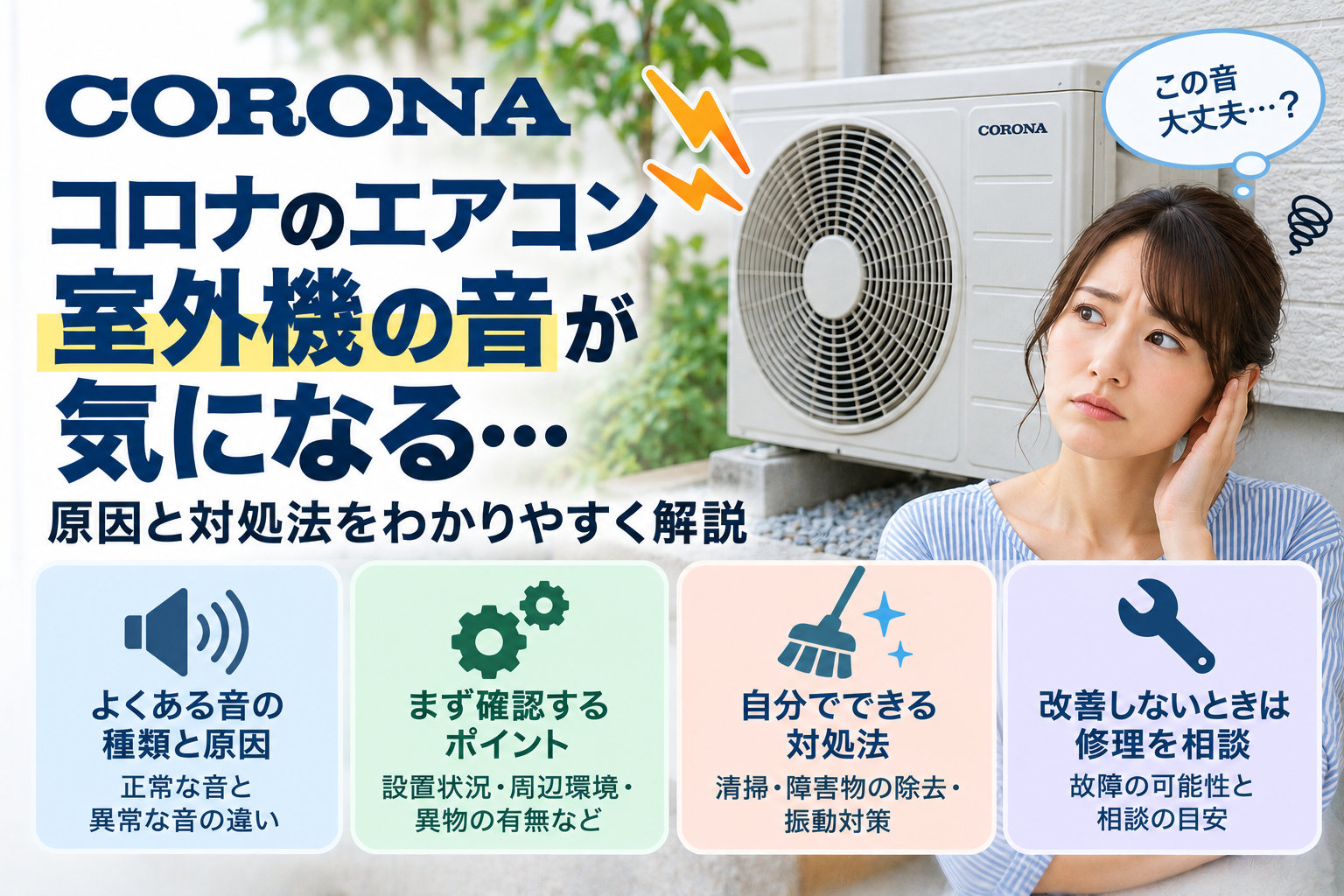コロナエアコンの室外機の音が気になるときに、正常音と異常音の違い、設置状況や周辺環境の確認、自分でできる清掃・振動対策、改善しない場合の修理相談目安を案内する図解