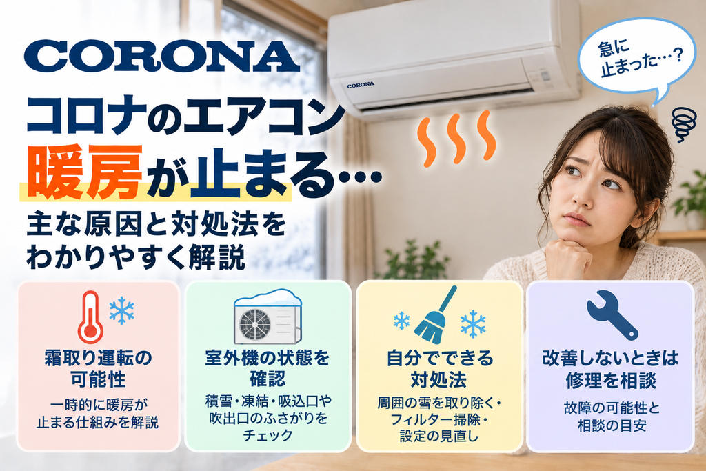 コロナエアコンの暖房が途中で止まるときに、霜取り運転の可能性、室外機の積雪・凍結・吸込口や吹出口の状態を確認し、自分でできる除雪・フィルター掃除・設定見直しと、改善しない場合の修理相談目安を案内する図解