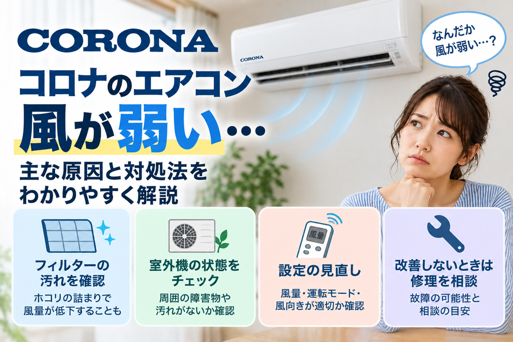 コロナエアコンの風が弱いときに、フィルターの汚れ、室外機の周辺環境、風量・運転モード・風向設定を確認し、改善しない場合の修理相談目安を案内する図解