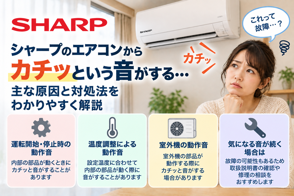 シャープエアコンからカチッという音がするときに、運転開始・停止時や温度調整、室外機の動作による正常音の可能性を確認し、音が続く場合の取扱説明書確認や修理相談の目安を案内する図解