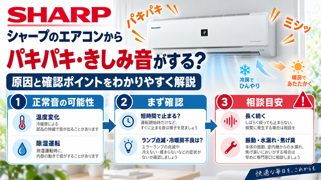 シャープエアコンからパキパキ・きしみ音がするときに、温度変化や除湿運転による正常音の可能性、音の続く時間やランプ点滅・冷暖房不良などを確認し、異常が続く場合の修理相談目安を案内する図解
