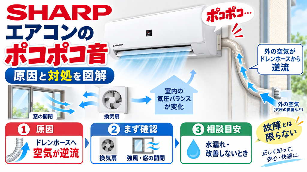 シャープエアコンからポコポコ音がするときに、換気扇や強風による気圧差でドレンホースから空気が逆流する原因を確認し、窓の開閉や換気の見直し、水漏れ時の修理相談目安を案内する図解