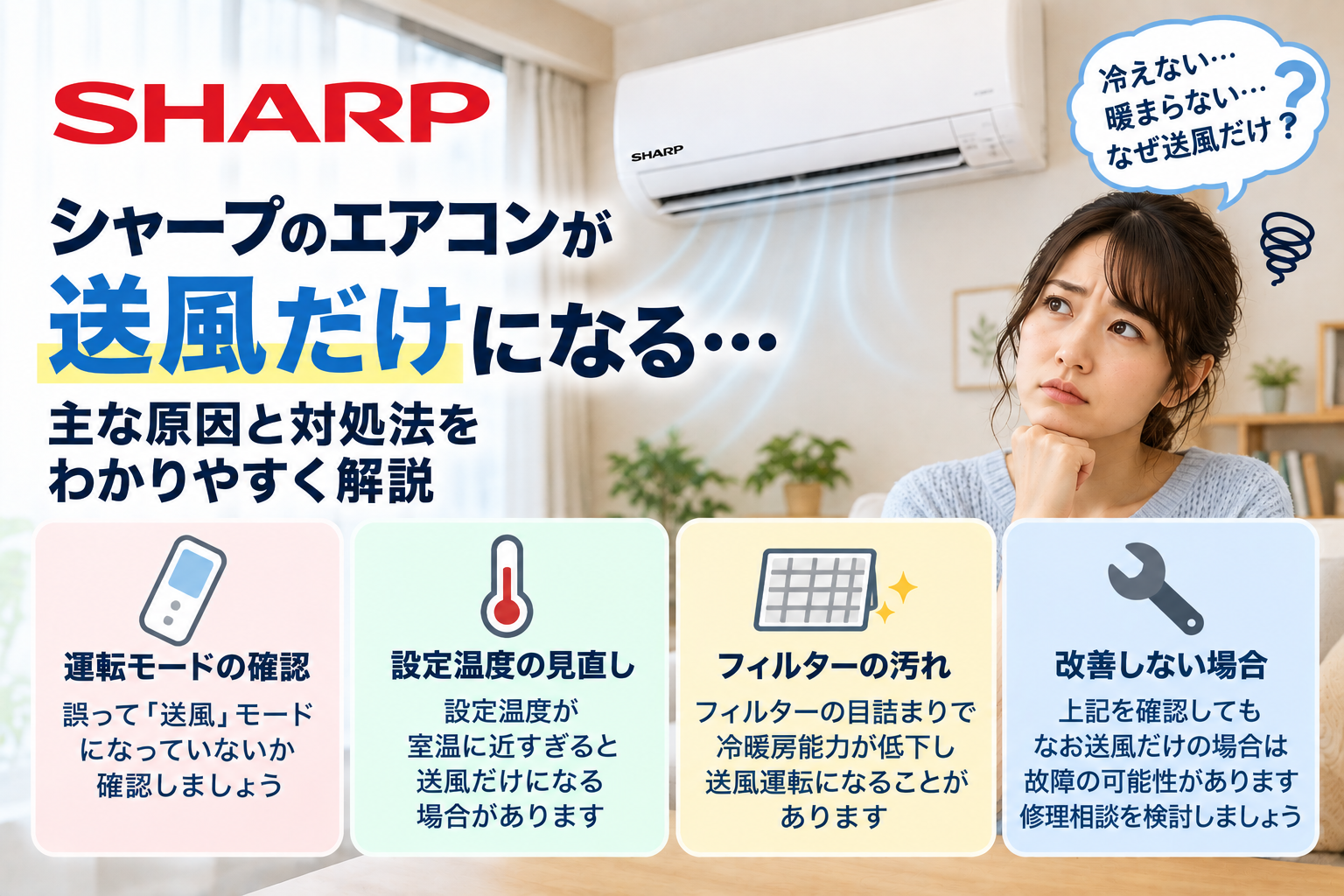 シャープエアコンが送風だけになるときに、運転モード、設定温度、フィルターの汚れを確認し、冷えない・暖まらない状態が改善しない場合の修理相談目安を案内する図解