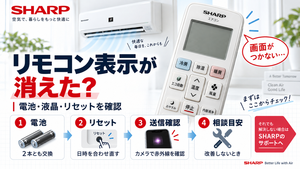 シャープエアコンのリモコン表示が消えたときに、電池交換、リセット、赤外線送信の確認を行い、改善しない場合の修理・交換相談の目安を案内する図解