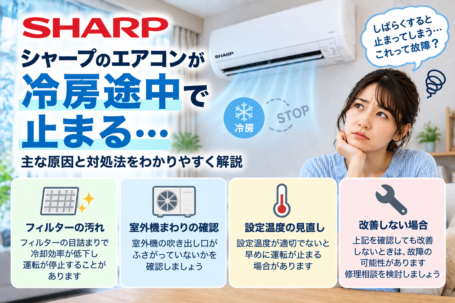 シャープエアコンが冷房途中で止まるときに、フィルターの汚れ、室外機まわり、設定温度を確認し、改善しない場合の修理相談目安を案内する図解