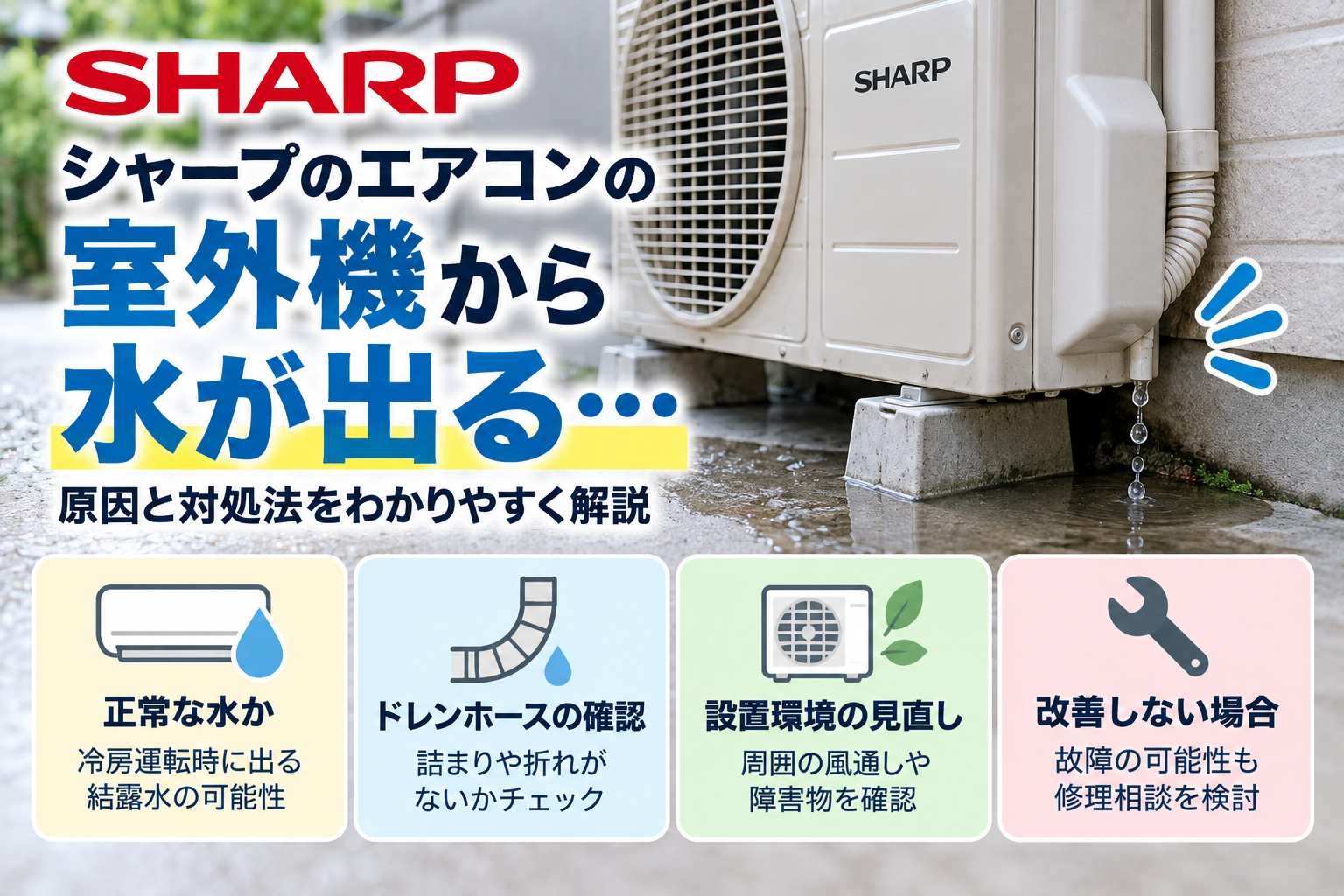 シャープエアコンの室外機から水が出るときに、正常な結露水の可能性、ドレンホースや設置環境を確認し、改善しない場合の修理相談目安を案内する図解