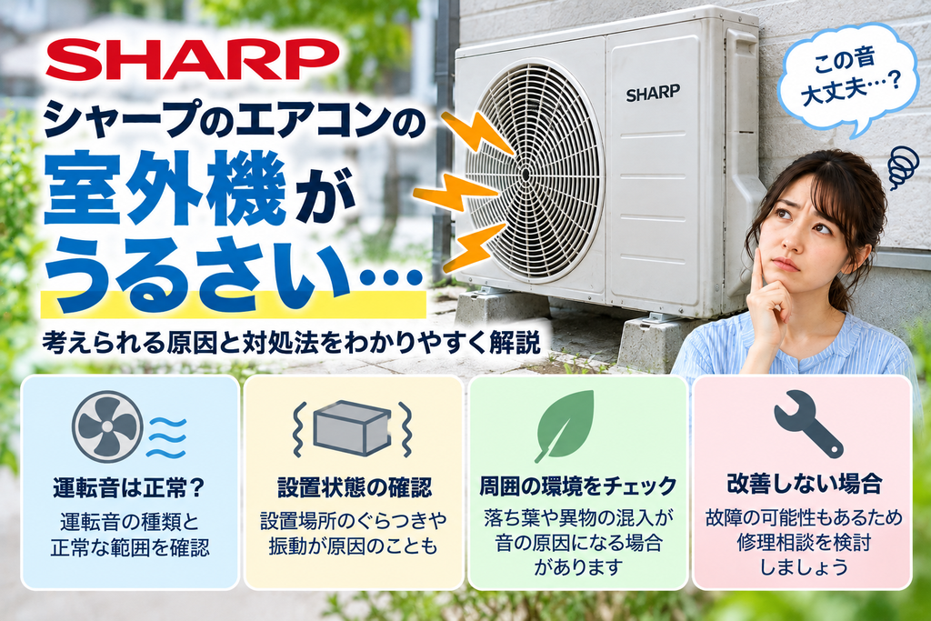 シャープエアコンの室外機がうるさいときに、運転音の種類、設置状態や周囲の異物を確認し、改善しない場合の修理相談目安を案内する図解